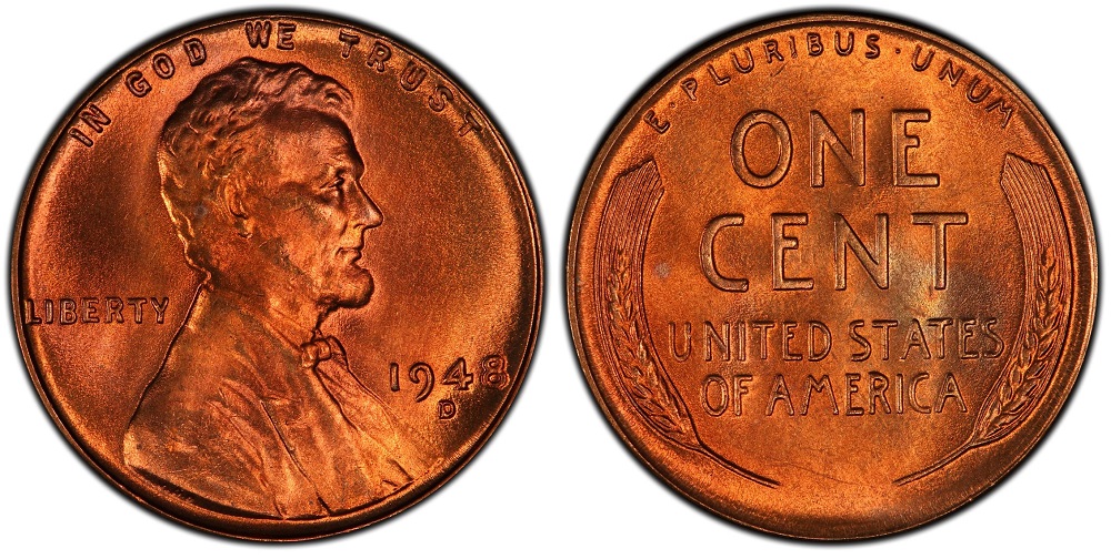 Comparison of a common worn 1948 wheat penny versus a gem MS67 Red example showing full copper brilliance