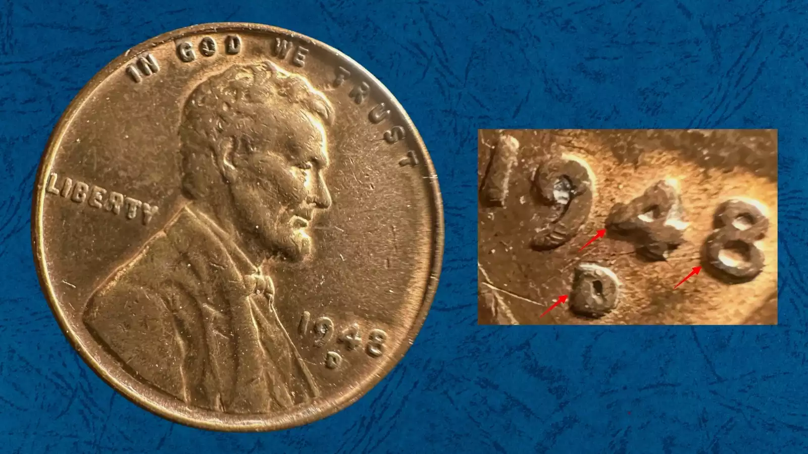 1948 wheat penny Doubled Die Obverse (DDO) error showing doubling on LIBERTY and date under magnification