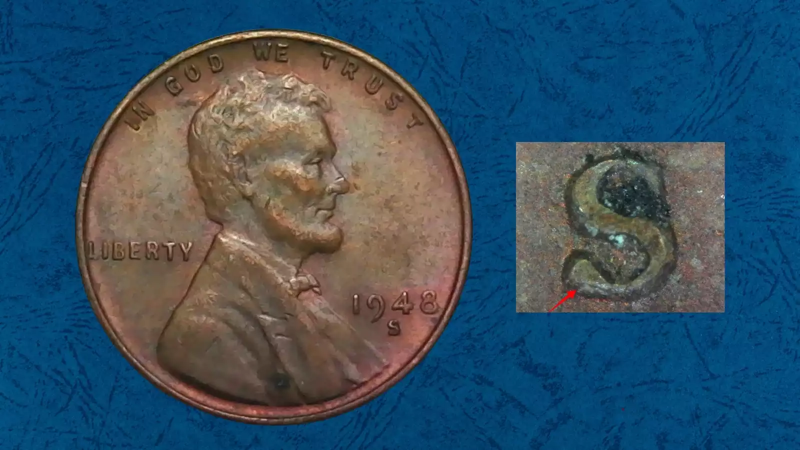 1948-D wheat penny Repunched Mint Mark (RPM) error showing secondary ghost impression beneath the primary D mint mark