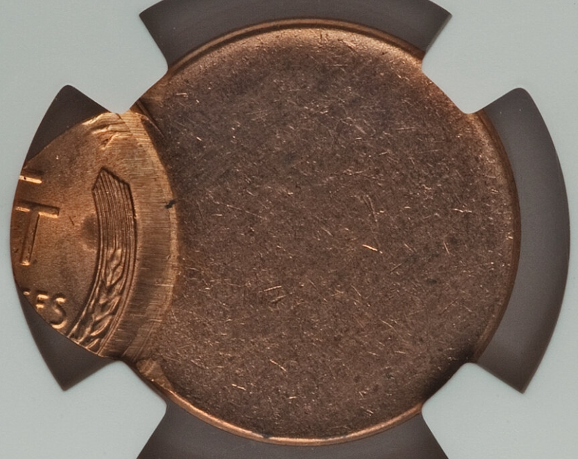1948 wheat penny off-center strike error showing blank planchet area and shifted Lincoln portrait