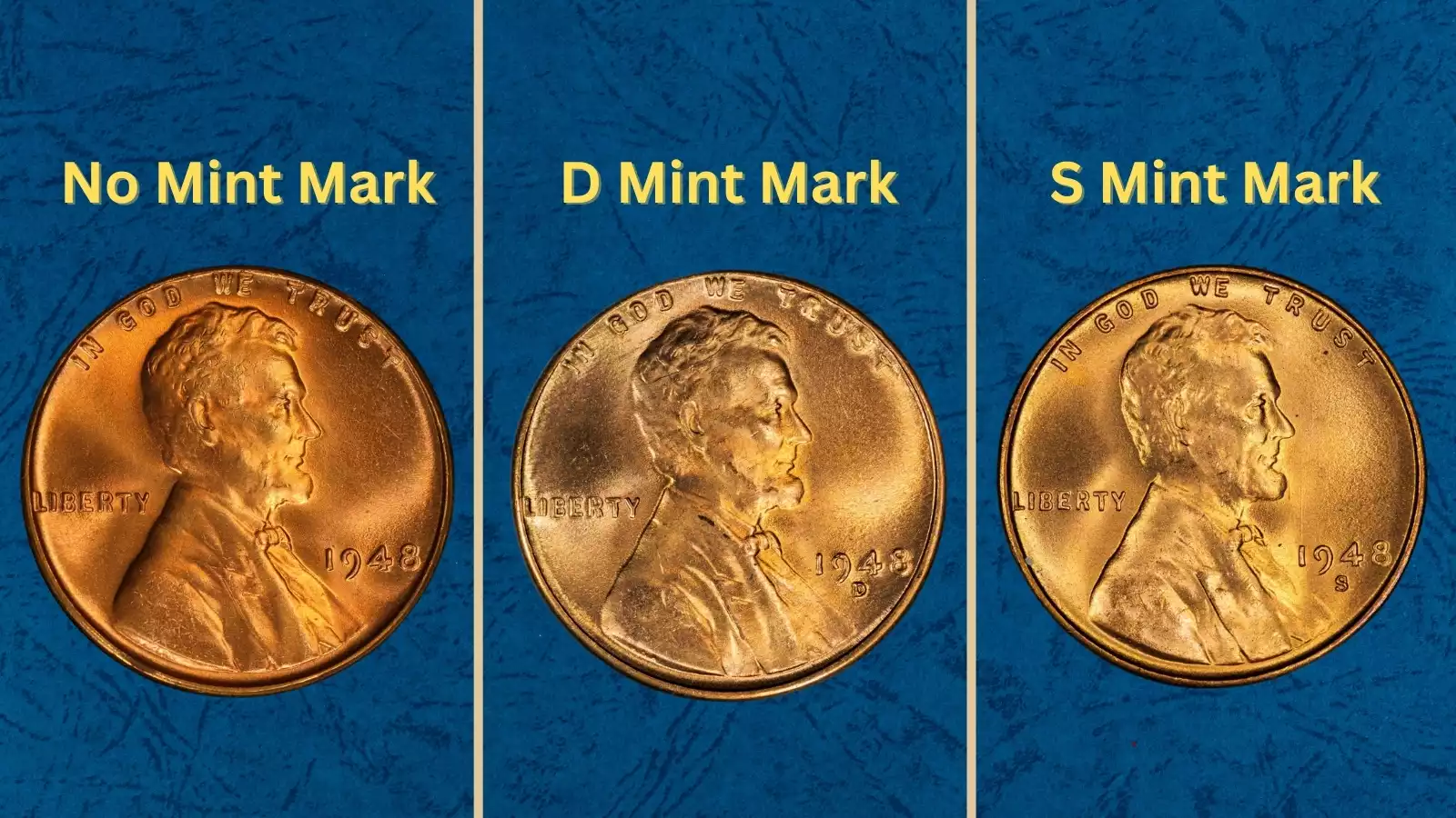 Three 1948 Lincoln Wheat Penny varieties (Philadelphia, Denver, San Francisco) arranged side by side showing their respective mint marks